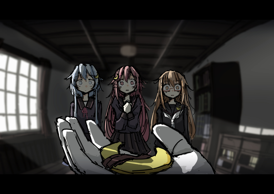 3girls black_serafuku blue_eyes blue_hair brown_eyes brown_hair ceiling constricted_pupils crescent crescent_hair_ornament crescent_moon_pin curtains eyebrows_visible_through_hair glasses gloves hair_between_eyes hair_ornament hair_ribbon kantai_collection long_hair long_sleeves mochizuki_(kantai_collection) multiple_girls neck_ribbon neckerchief pink_hair pleated_skirt red-framed_eyewear red_eyes red_ribbon ribbon school_uniform serafuku shelf short_hair short_hair_with_long_locks skirt usui_harusame uzuki_(kantai_collection) white_gloves window yayoi_(kantai_collection)