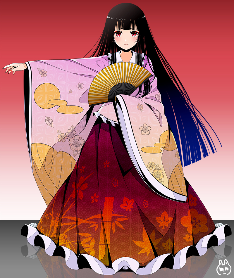 1girl black_hair fan folding_fan hime_cut houraisan_kaguya japanese_clothes kimono long_hair long_skirt looking_at_viewer nail_polish outstretched_arm red_eyes red_skirt skirt smile solo standing touhou wide_sleeves yuuka_nonoko