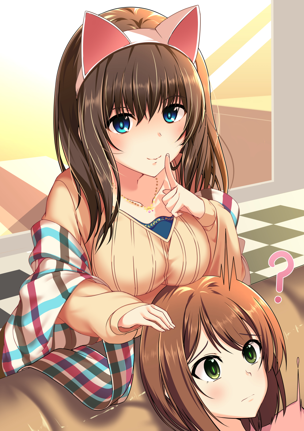 2girls ? animal_ears bare_shoulders black_hair blue_eyes blush breast_rest breasts breasts_on_head brown_hair carried_breast_rest cat_ears collarbone commentary_request fake_animal_ears finger_to_mouth green_eyes hairband highres idolmaster idolmaster_cinderella_girls inuikentarou jewelry large_breasts long_hair looking_at_viewer maekawa_miku multiple_girls necklace off-shoulder_sweater pendant ribbed_sweater sagisawa_fumika shawl short_hair shushing smile sweater