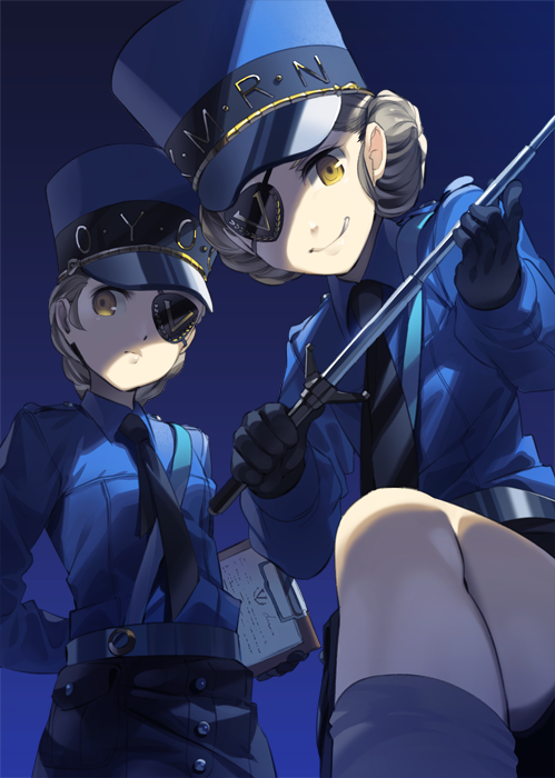 2girls arm_behind_back baton black_gloves black_necktie black_shorts blonde_hair blue_background blue_shirt braid caroline_(persona_5) clipboard closed_mouth double_bun dress_shirt eyepatch gloves grey_hair grin hat holding holding_weapon justine_(persona_5) long_sleeves looking_at_viewer military_hat multiple_girls necktie parted_lips paseri pencil_skirt persona persona_5 shade shirt short_hair siblings skirt smile strap twins weapon yellow_eyes