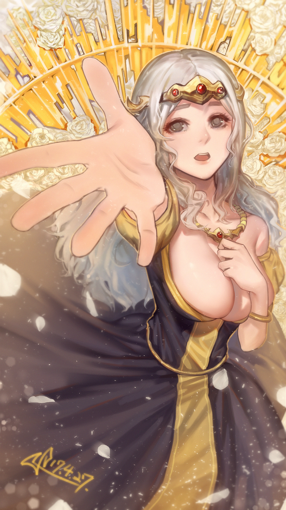 1girl breasts cleavage crusaders_quest dated flower grey_eyes hands highres jewelry large_breasts long_hair looking_at_viewer necklace outstretched_hand silver_hair smile solo squidsmith