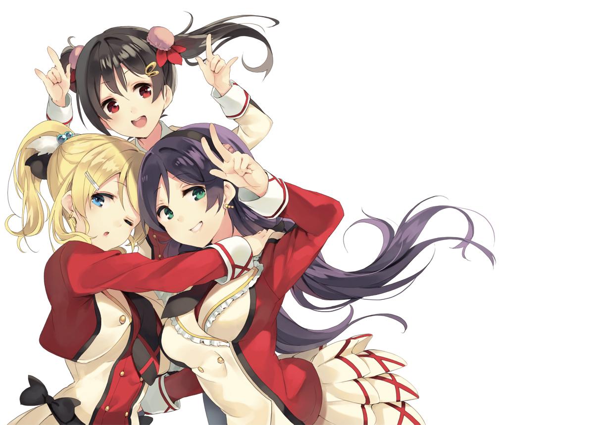 3girls :d ;o arms_up ayase_eli bangs black_hair cropped_jacket double-breasted earrings eyebrows_visible_through_hair green_eyes hair_bobbles hair_down hair_ornament hairclip jewelry long_hair long_sleeves looking_at_viewer love_live! love_live!_school_idol_project multiple_girls nico_nico_nii one_eye_closed open_mouth parted_lips paseri pleated_skirt ponytail purple_hair red_eyes simple_background skirt smile teeth toujou_nozomi twintails v wavy_hair white_background white_skirt yazawa_nico