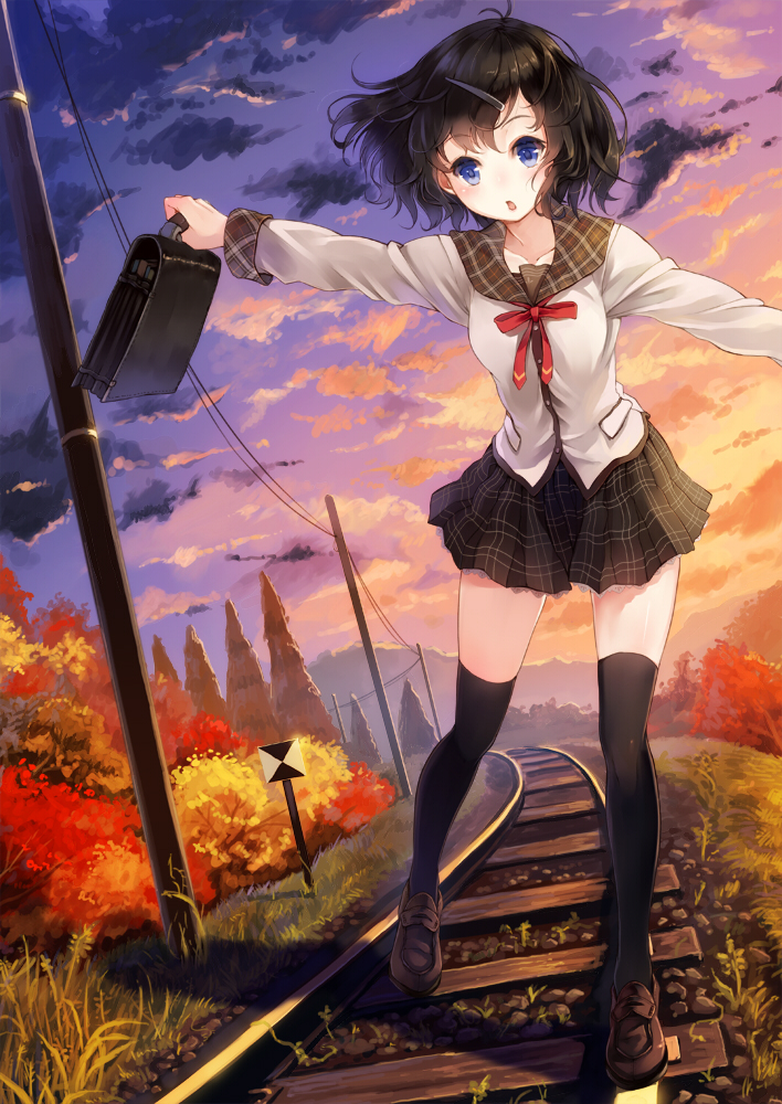 1girl :o bag balancing black_hair black_legwear black_skirt blue_eyes clouds loafers looking_at_viewer miniskirt original paseri plaid plaid_skirt pleated_skirt railroad_tracks school_bag school_uniform shoes short_hair skirt sky solo sunset thigh-highs