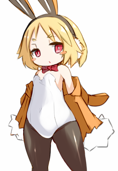 1girl animal_ears black_hairband black_legwear blonde_hair blush_stickers bow bowtie cowboy_shot disgaea earmuffs hairband jacket jitome karukan_(monjya) leotard looking_at_viewer makai_senki_disgaea_5 no_nose pantyhose rabbit_ears red_bow red_bowtie red_eyes short_hair solo undressing usalia_(disgaea) white_background white_leotard yellow_jacket