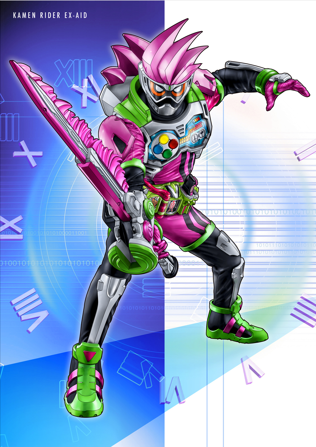 1boy armor bad_id bad_pixiv_id belt character_name dias-tajima full_body gashacon_breaker highres kamen_rider kamen_rider_ex-aid kamen_rider_ex-aid_(series) male_focus mighty_action_x_level_2 roman_numerals shoulder_pads solo sword weapon