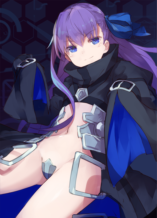 1girl armor bangs blue_eyes blue_ribbon boots breasts coat crotch_plate eyebrows eyebrows_visible_through_hair fate/extra fate/extra_ccc fate_(series) full_body hair_ribbon knee_pads long_hair long_sleeves looking_at_viewer meltlilith midriff navel no_pants purple_hair revealing_clothes ribbon roll_okashi sitting small_breasts smug solo spread_legs