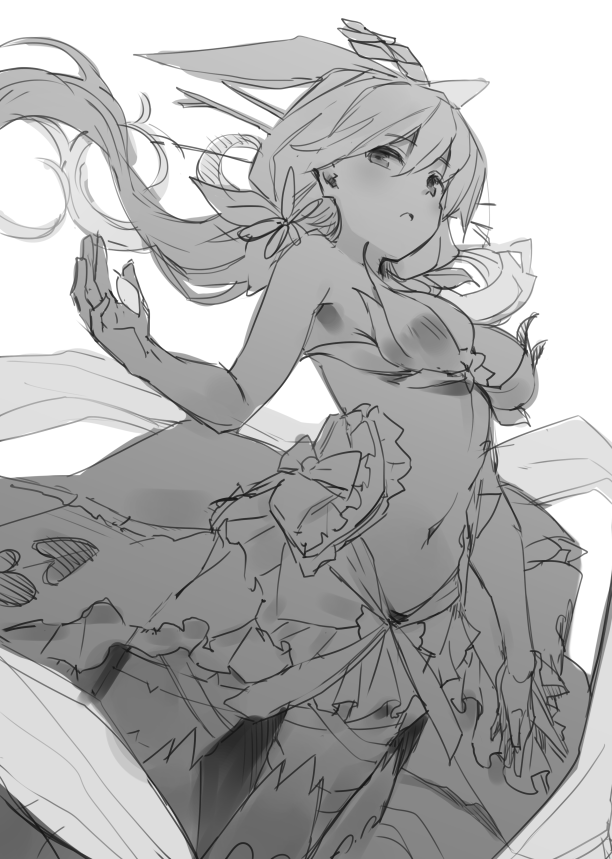 1girl bangs bra breasts eyebrows_visible_through_hair floating_hair granblue_fantasy greyscale hand_up long_hair medium_breasts monochrome navel parted_lips paseri petals sketch solo twintails underwear work_in_progress yggdrasill_(granblue_fantasy)