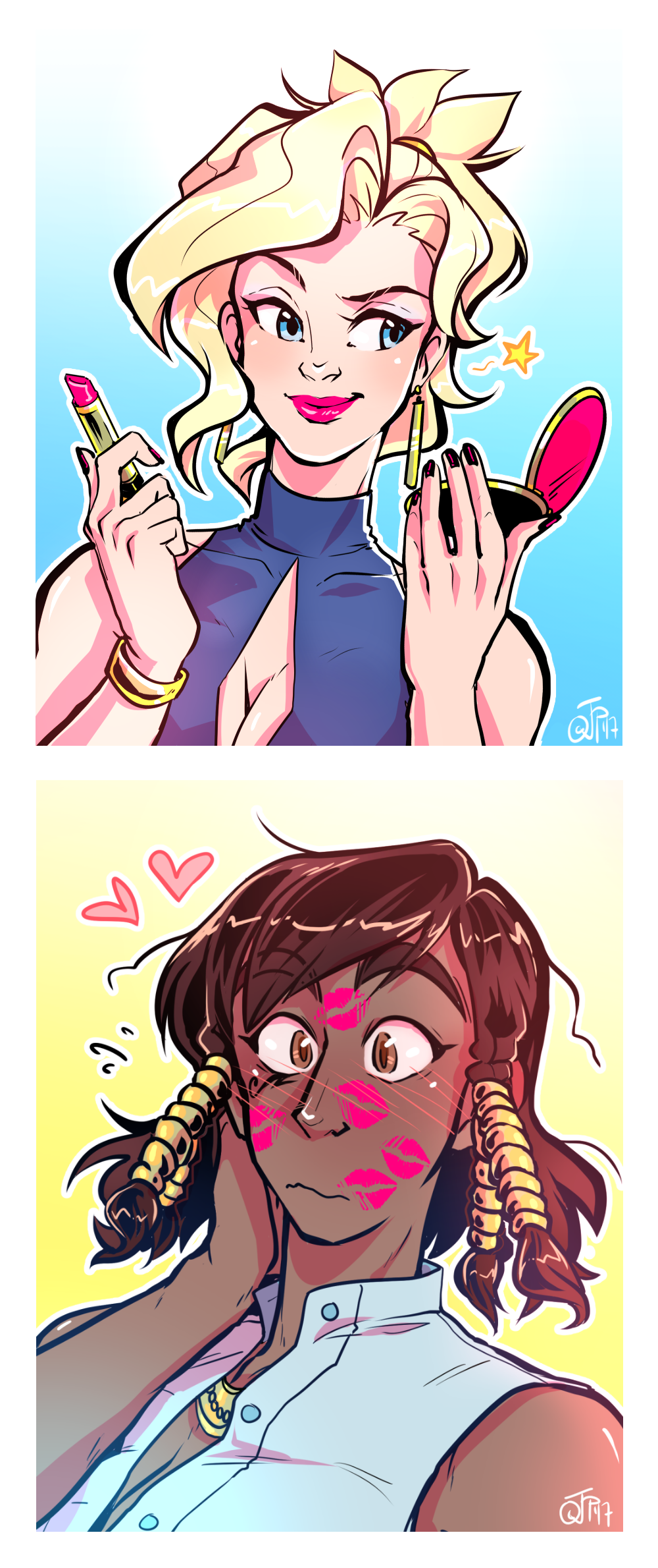 2girls 2koma after_kiss applying_makeup blonde_hair blue_eyes blush breasts brown_eyes brown_hair casual cleavage cleavage_cutout comic commentary compact dark_skin ddhew earrings eyebrows hair_tubes heart highres jewelry lipstick lipstick_mark lipstick_tube makeup medium_breasts mercy_(overwatch) multiple_girls nail_polish necklace overwatch pharah_(overwatch) shirt short_ponytail sideways_glance sleeveless sleeveless_shirt sleeveless_turtleneck turtleneck yuri