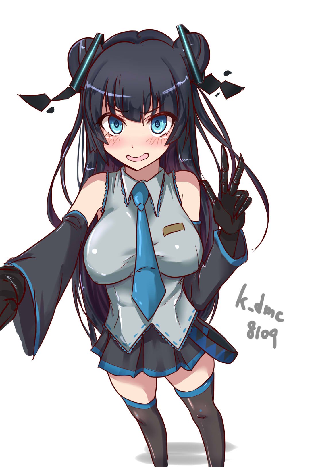 1girl artist_signature bangs bare_shoulders black_hair blue_eyes blush breasts collared_shirt commentary commentary_request cosplay detached_sleeves double_bun eyebrows eyebrows_visible_through_hair frilled_shirt_collar frills gauntlets glowing glowing_eyes hatsune_miku hatsune_miku_(cosplay) headgear highres kantai_collection kihou_no_gotoku_dmc large_breasts light_cruiser_oni long_hair multicolored_hair necktie shinkaisei-kan shirt sidelocks skirt smile solo thigh-highs v