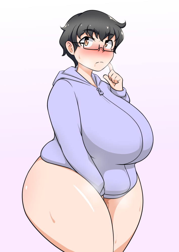 1girl between_legs between_thighs big_belly black_hair blush body_blush breasts brown_eyes covering covering_crotch fat glasses hand_between_legs hood hoodie huge_breasts magure_senshi messy_hair naked_hoodie nose_blush original plump semi-rimless_glasses short_hair solo steam sweat sweater thick_eyebrows thick_thighs thighs very_short_hair wide_hips wide_sleeves zipper