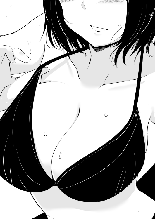 1girl blush breasts cleavage close-up collarbone head_out_of_frame kichihachi large_breasts monochrome original short_hair solo strap_pull sweat upper_body