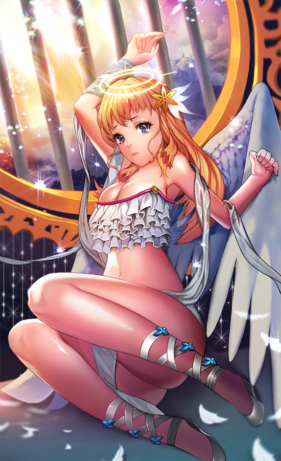 1girl angel angel_wings arm_up ass bangs bare_shoulders blonde_hair blue_eyes breasts chicle cleavage closed_mouth collarbone crying crying_with_eyes_open feathered_wings feathers flower frills hair_flower hair_ornament hand_up lace-up large_breasts legs lips long_hair looking_at_viewer midriff navel nose original outdoors pelvic_curtain pink_lips sad shoes sitting solo strapless streaming_tears tears tubetop white_shoes white_wings wings