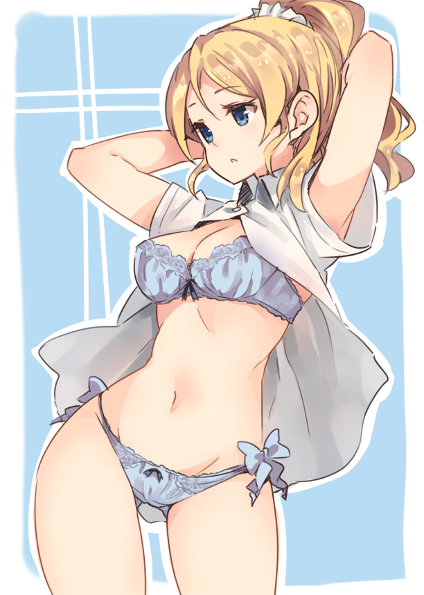 1girl arms_up ayase_eli blue_bra blue_eyes blue_panties bow bow_panties bra breasts cleavage collared_shirt cowboy_shot eyebrows_visible_through_hair groin hair_ornament hair_scrunchie hips long_hair looking_to_the_side love_live! love_live!_school_idol_project medium_breasts navel open_clothes open_shirt panties parted_lips paseri ponytail scrunchie shirt short_sleeves solo thighs underwear wavy_hair white_shirt