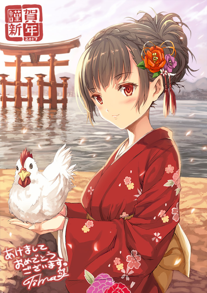 1girl 2017 akeome animal artist_name bangs bird blush braid breasts chicken clouds commentary_request crown_braid day feathers fingernails floral_print flower from_side glowing_feather hair_bun hair_flower hair_ornament holding holding_animal japanese_clothes kimono lake long_sleeves looking_at_viewer mountain nengajou new_year obi original red_eyes red_kimono reflection ripples rooster sash sidelocks signature small_breasts smile solo standing tomozo_kaoru torii translated upper_body village water wide_sleeves year_of_the_rooster