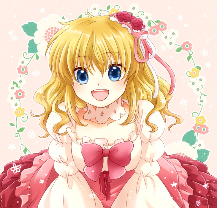 1girl :d blonde_hair blue_eyes bow choker dress flower hair_down hair_flower hair_ornament maekawa_suu open_mouth plant rose smile umineko_no_naku_koro_ni ushiromiya_jessica vines younger