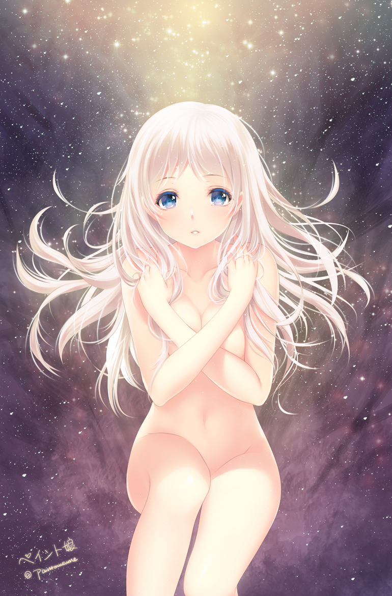 1girl bent_knees blue_eyes collarbone colored_eyelashes copyright_request covering covering_breasts full_body gradient gradient_background lips long_hair looking_at_viewer nude original parted_lips signature sky solo star_(sky) starry_sky twitter_username youqiniang