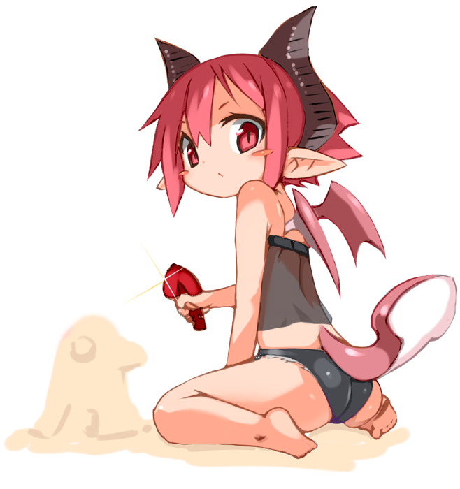 1girl :/ bikini black_bikini blush_stickers demon_girl disgaea horns karukan_(monjya) looking_at_viewer looking_back makai_senki_disgaea_3 pointy_ears prinny raspberyl red_eyes redhead sand_sculpture short_hair shovel sitting solo swimsuit tail wariza white_background wings worktool