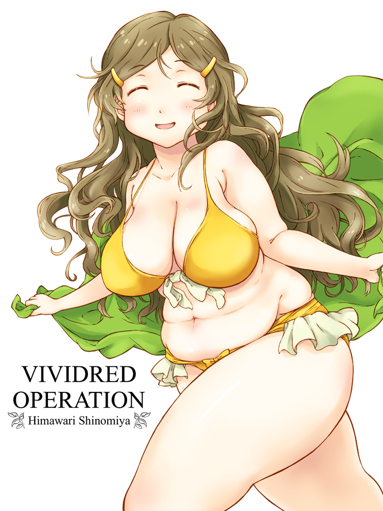 1girl :d ^_^ belly bikini blush breasts character_name cleavage closed_eyes collarbone copyright_name eyebrows_visible_through_hair fat_folds from_side hair_between_eyes hair_ornament hairclip holding large_breasts long_hair navel open_mouth plump shinomiya_himawari smile solo strap_gap swimsuit takagi_hideaki thick_thighs thighs towel vividred_operation white_background yellow_bikini