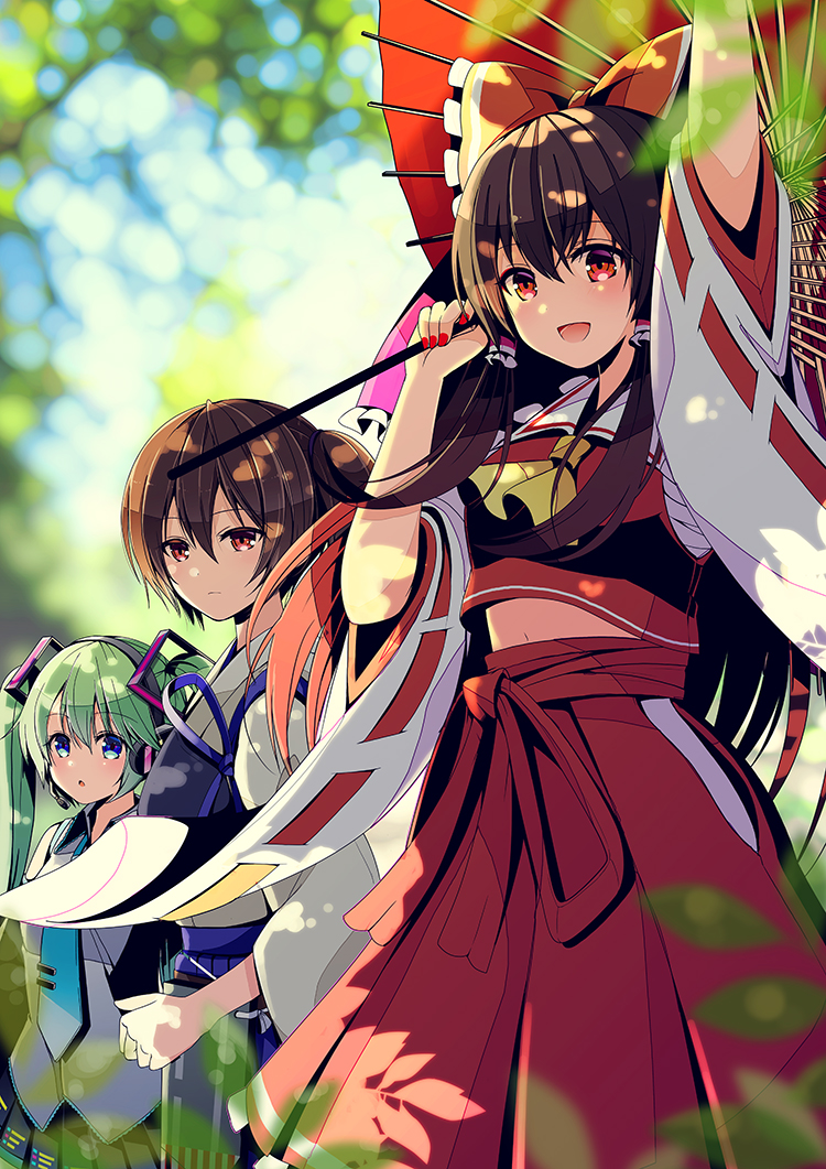 3girls arm_up ascot black_skirt blue_eyes blue_skirt bow brown_hair crossover day detached_sleeves expressionless green_hair hair_bow hair_tubes hakama_skirt hakurei_reimu hatsune_miku headphones kaga_(kantai_collection) kantai_collection long_hair looking_at_viewer midriff miniskirt multiple_girls muneate nail_polish necktie oriental_umbrella outdoors pleated_skirt red_bow red_eyes red_skirt ribbon-trimmed_sleeves ribbon_trim side_ponytail skirt skirt_set smile standing touhou twintails umbrella very_long_hair vest vocaloid wide_sleeves yuuka_nonoko