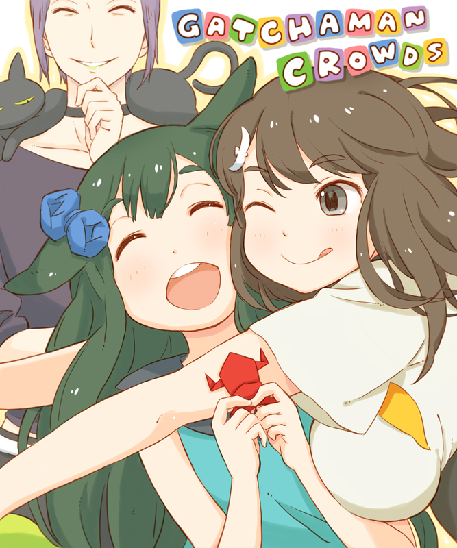 1boy 2girls :d ;q ^_^ animal animal_on_shoulder bird_hair_ornament black_cat breasts brown_eyes brown_hair cat cat_on_shoulder cheek-to-cheek choker closed_eyes collarbone copyright_name gatchaman_crowds glomp green_hair hair_flaps hair_ornament happy holding hug ichinose_hajime large_breasts lipstick long_hair looking_at_another makeup multiple_girls o.d. one_eye_closed open_mouth origami outline outstretched_arms parted_lips purple_hair school_uniform short_hair sleeveless smile takagi_hideaki tongue tongue_out utsutsu white_background yellow_lipstick yellow_sclera