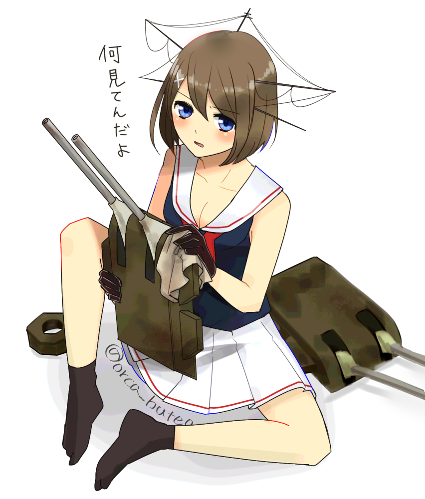 1girl antennae black_gloves blue_eyes brown_hair cannon gloves hair_ornament headgear kantai_collection looking_at_viewer maya_(kantai_collection) pleated_skirt sailor_collar shirt short_hair simple_background sitting skirt sleeveless sleeveless_shirt solo twitter_username white_background white_sailor_collar white_skirt x_hair_ornament yamashiki_(orca_buteo)