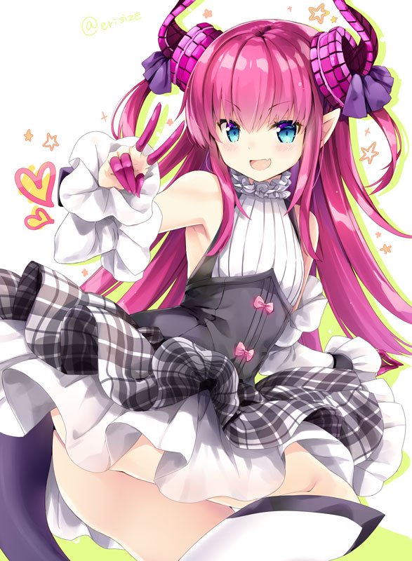 1girl ass blue_eyes blush claws detached_sleeves dragon_tail dress fang fate/extra fate/extra_ccc fate_(series) horns lancer_(fate/extra_ccc) long_hair looking_at_viewer natsume_eri open_mouth pink_hair plaid plaid_skirt pointy_ears ribbon skirt solo tail thighs v