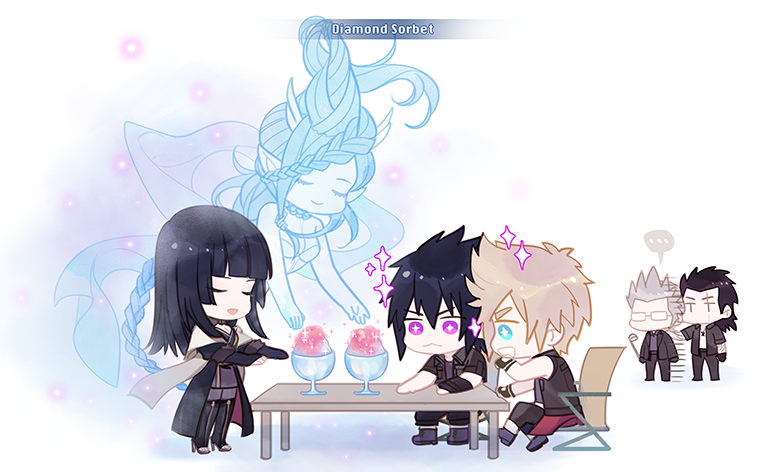 ... 2girls 4boys :&lt; black_hair blonde_hair blue_hair blue_skin brown_hair chair chibi closed_eyes drooling final_fantasy final_fantasy_xv gentiana ginmu gladiolus_amicitia glasses hand_on_another's_shoulder ignis_scientia jacket ladle multiple_boys multiple_girls noctis_lucis_caelum pointy_ears prompto_argentum scar shaved_ice shawl shiva_(final_fantasy) sparkle spoken_ellipsis table