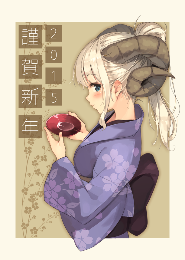 1girl 2015 bangs blonde_hair blue_eyes blush cherry_blossoms closed_mouth cup eyebrows_visible_through_hair floral_background floral_print framed from_side hands_up happy_new_year holding holding_cup horns japanese_clothes kimono light_smile long_hair looking_at_viewer nengajou new_year obi original paseri platinum_blonde ponytail profile purple_kimono sakazuki sash sidelocks silver_hair smile solo translated upper_body wavy_hair
