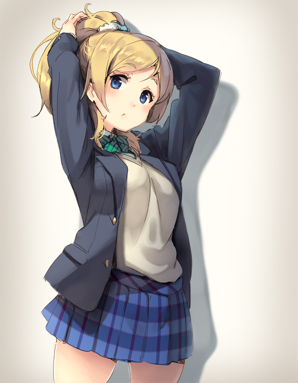 1girl :&lt; arms_up ayase_eli blazer blonde_hair blue_eyes blue_skirt blush closed_mouth cowboy_shot eyebrows_visible_through_hair hair_ornament hair_scrunchie jacket legs_apart looking_at_viewer love_live! love_live!_school_idol_project open_blazer open_clothes open_jacket paseri plaid plaid_skirt pleated_skirt ponytail scrunchie shadow sidelocks skirt solo sweater_vest tying_hair wavy_hair