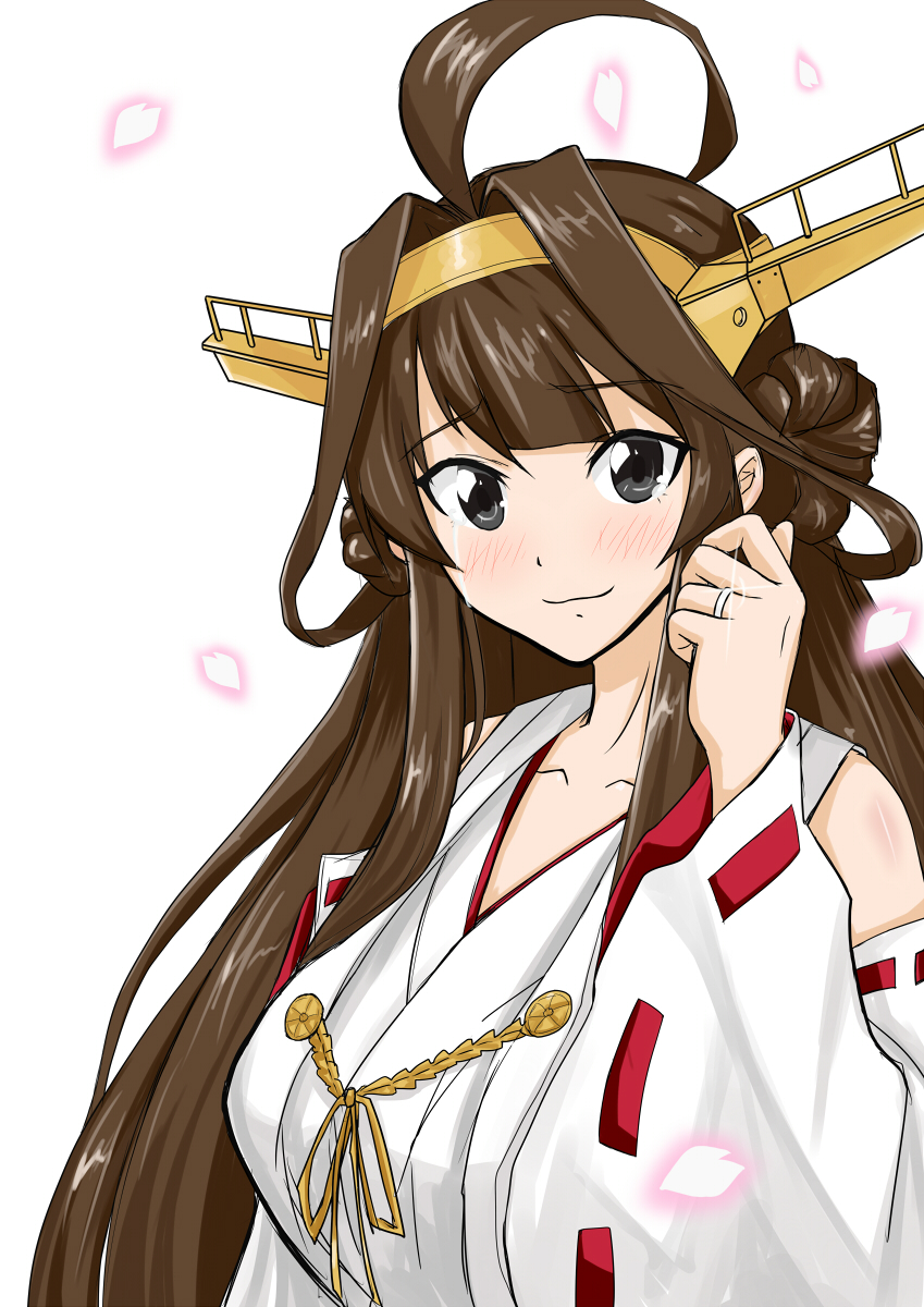 1girl ahoge bangs bare_shoulders black_eyes blush breasts brown_hair crying crying_with_eyes_open detached_sleeves double_bun hairband headgear highres japanese_clothes jewelry kantai_collection kongou_(kantai_collection) large_breasts long_hair long_sleeves looking_at_viewer nontraditional_miko nyantamaran petals ribbon-trimmed_sleeves ribbon_trim ring sidelocks smile solo tears upper_body wedding_band wide_sleeves
