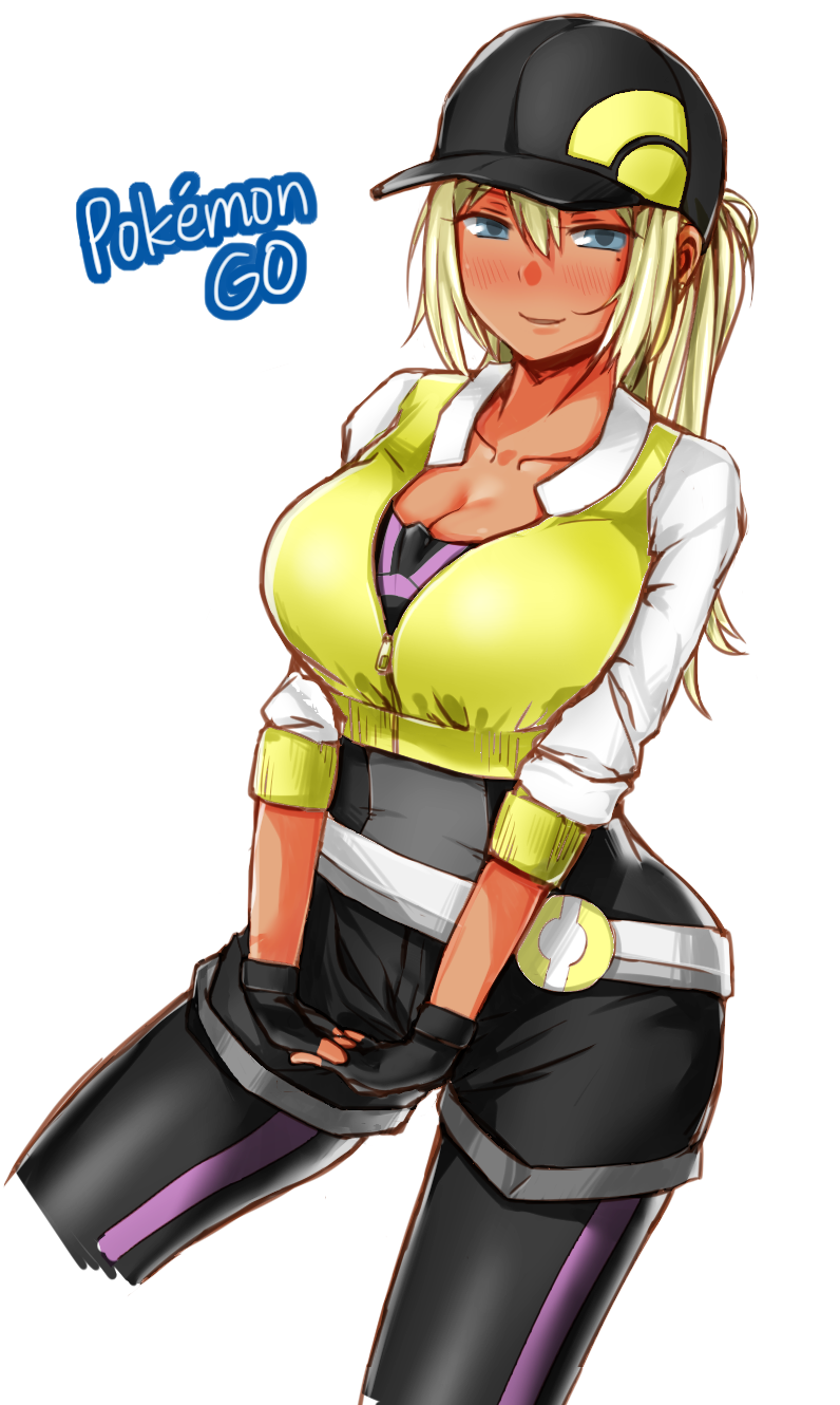 1girl baseball_cap black_gloves blonde_hair blue_eyes blush breasts cleavage collarbone copyright_name cowboy_shot cropped_jacket dark_skin female_protagonist_(pokemon_go) fingerless_gloves gloves hair_between_eyes hat highres large_breasts le_marimo leggings long_hair looking_at_viewer mole mole_under_eye parted_lips pokemon pokemon_go ponytail shorts smile solo unzipped