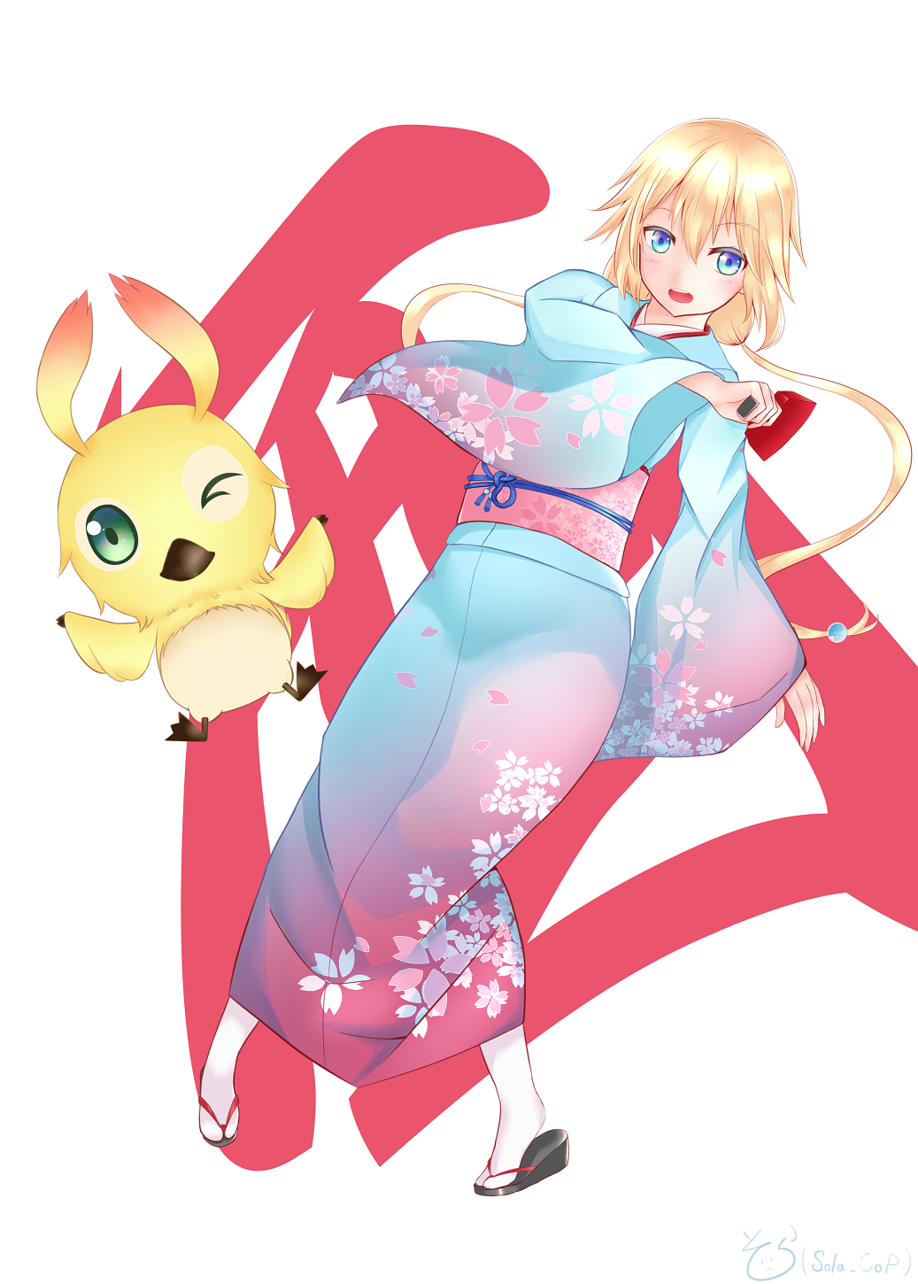1girl blonde_hair blue_eyes cherry_blossom_print dutch_angle floral_print full_body geta gradient_clothes hair_between_eyes highres japanese_clothes kimono long_hair looking_at_viewer low_twintails obi one_eye_closed open_mouth phantasy_star phantasy_star_online_2 rappy sandals sash sola_cop suzuki_aika tabi twintails very_long_hair wide_sleeves yukata
