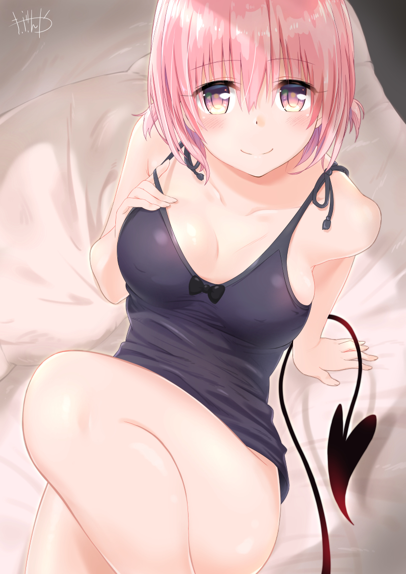 1girl arm_support blue_shirt blush bottomless demon_tail from_above hand_on_own_chest light_smile momo_velia_deviluke murio pink_hair shirt short_hair sitting smile tail tank_top thighs to_love-ru to_love-ru_darkness violet_eyes