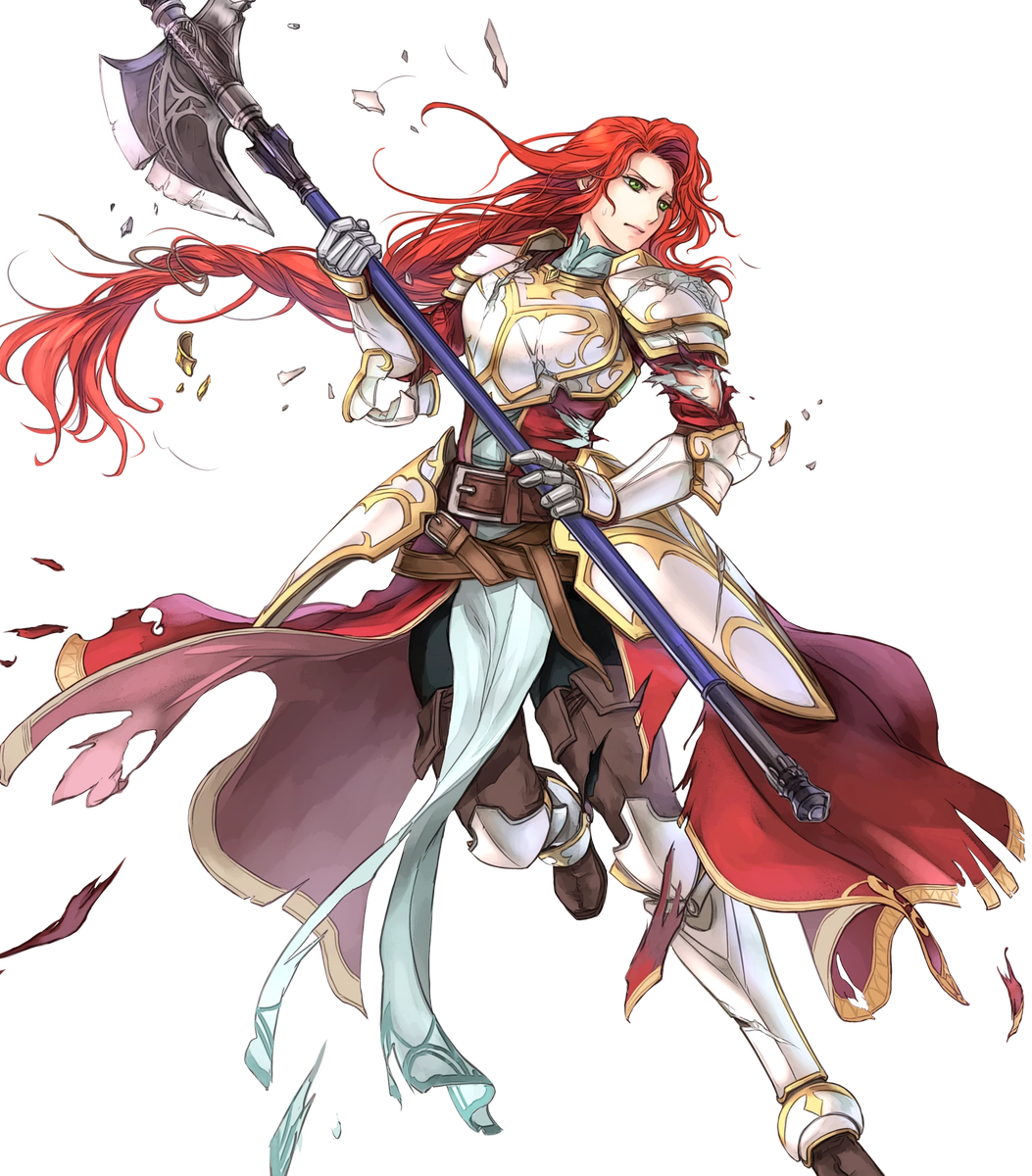 1girl armor armored_boots axe battle_axe belt boots breastplate broken broken_armor broken_weapon fire_emblem fire_emblem:_souen_no_kiseki fire_emblem_heroes full_body gauntlets green_eyes halberd highres holding holding_weapon long_hair looking_away official_art pants polearm redhead solo tiamat_(fire_emblem) titania torn_clothes transparent_background very_long_hair wada_sachiko weapon