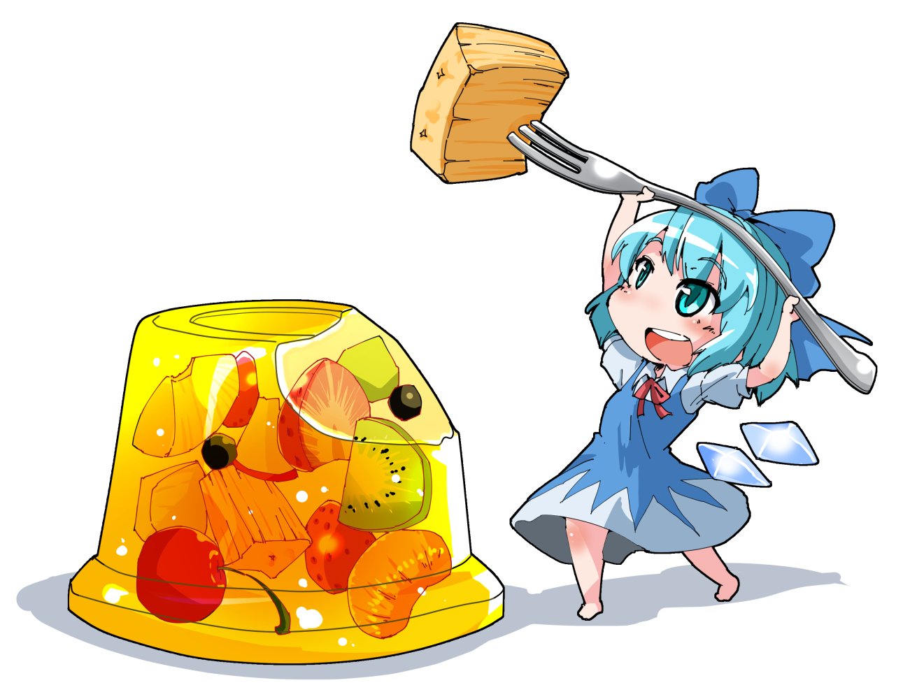 1girl :d bird blue_bow blue_dress blue_eyes blue_hair bow bowtie cherry cirno dress food fork fruit hair_bow ice ice_wings kiwi open_mouth pudding puffy_short_sleeves puffy_sleeves red_bow red_bowtie shinapuu short_sleeves smile solo strawberry touhou wings