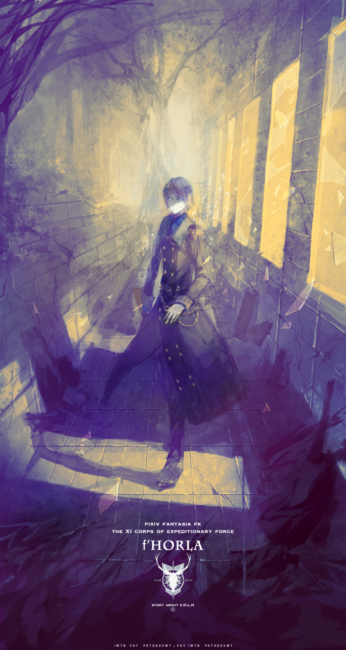 1boy blue_coat blue_eyes brick_wall broken_glass broken_window cover cover_page double-breasted engrish epaulettes fabri glass hallway highres looking_at_viewer necktie original pixiv_fantasia pixiv_fantasia_fallen_kings ranguage solo tree uniform