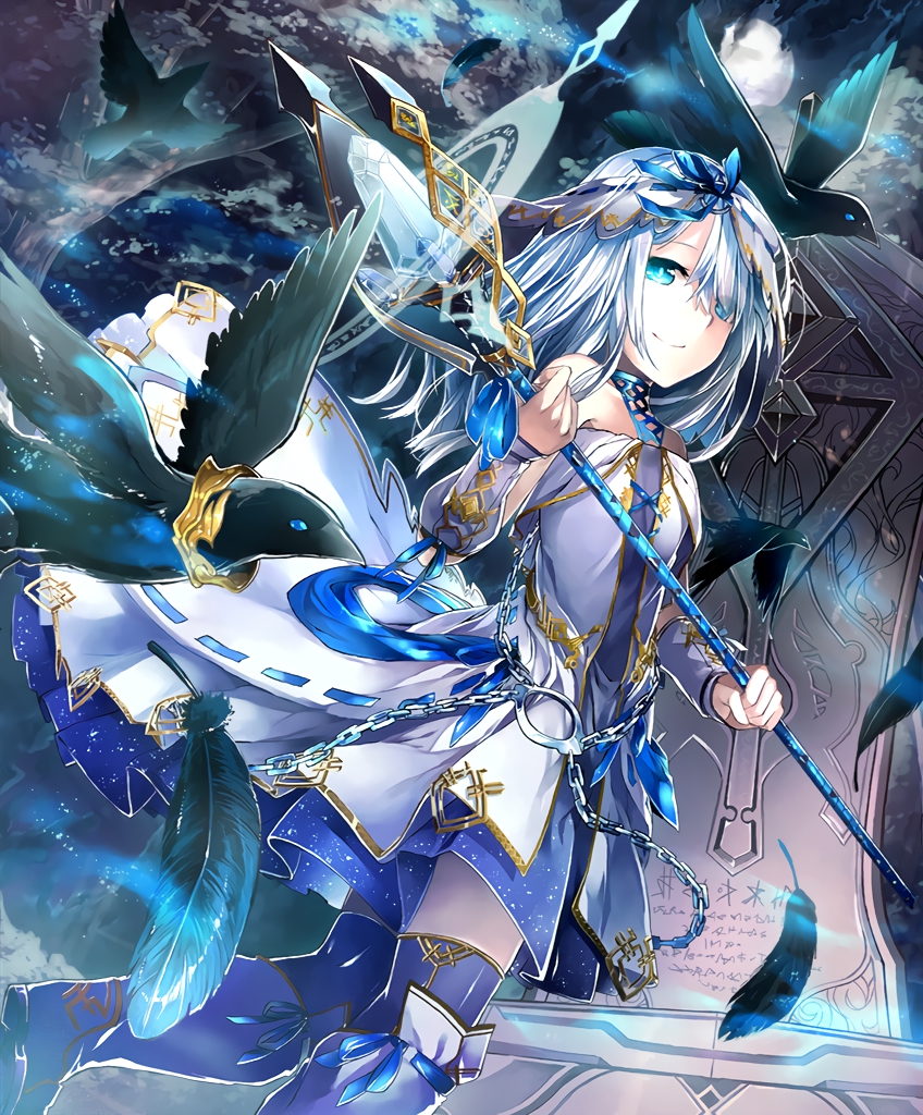 1girl artist_request bare_shoulders bird blue_eyes boots chains collar crystal cygames dress feathers flat_chest frills graveyard hair_over_one_eye magic_circle moon official_art raven_(animal) ribbon shadowverse shingeki_no_bahamut smile sonia_(shadowverse) staff thigh-highs tombstone tree white_hair