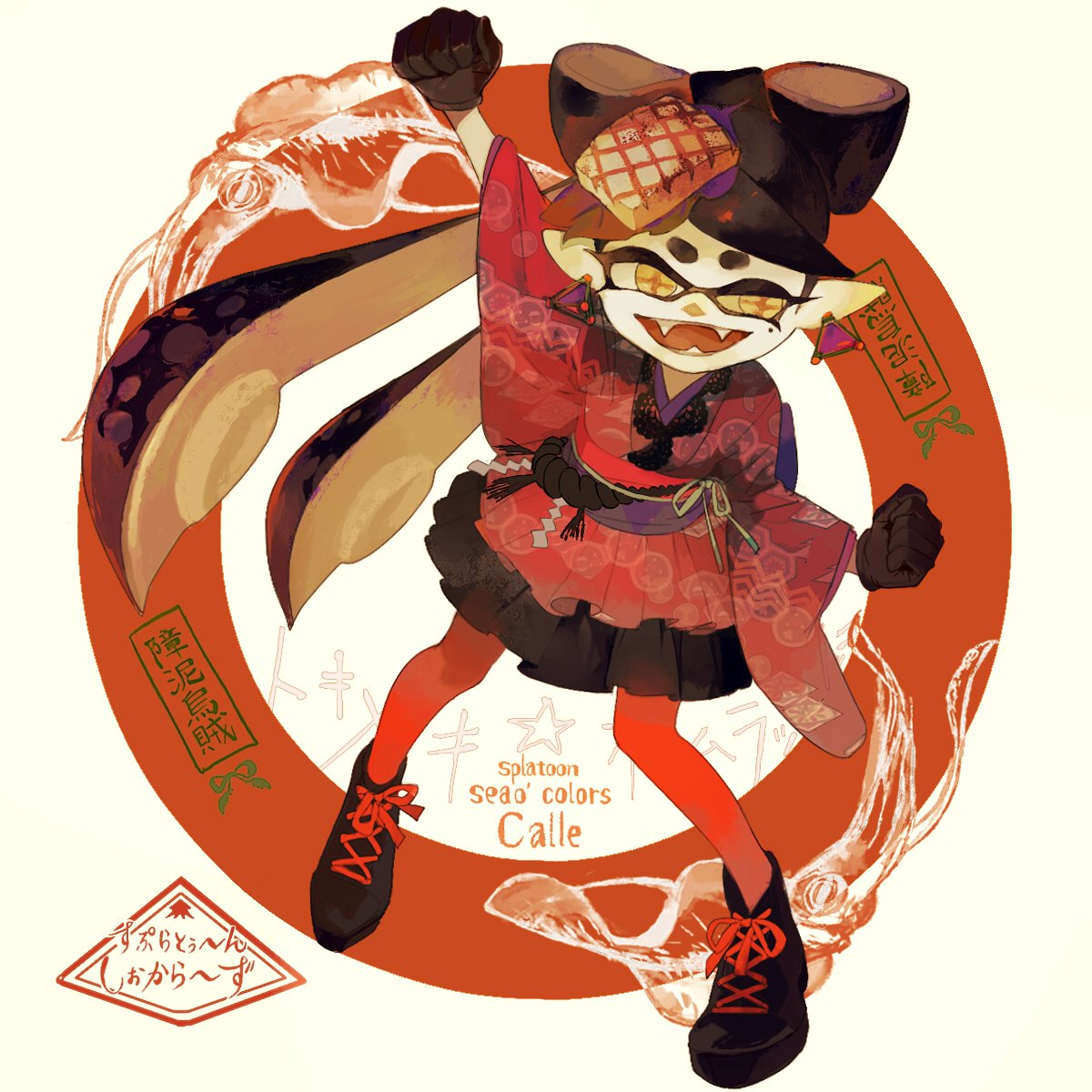 1girl aori_(splatoon) black_gloves blush character_name earrings fangs gloves highres jewelry kukka looking_at_viewer mole mole_under_eye pantyhose pointy_ears red_legwear redhead smile solo splatoon teeth text translation_request twintails yellow_eyes