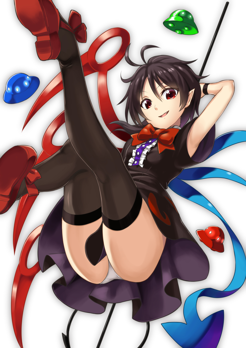 &gt;:) 1girl abe_ranzu ahoge armpits asymmetrical_wings black_dress black_hair black_legwear bow bowtie dress fang highres holding holding_weapon houjuu_nue panties pantyshot parted_lips pointy_ears polearm red_bow red_bowtie red_eyes red_shoes shoes short_dress short_sleeves smile solo thigh-highs touhou trident ufo underwear upskirt weapon white_panties wings wristband