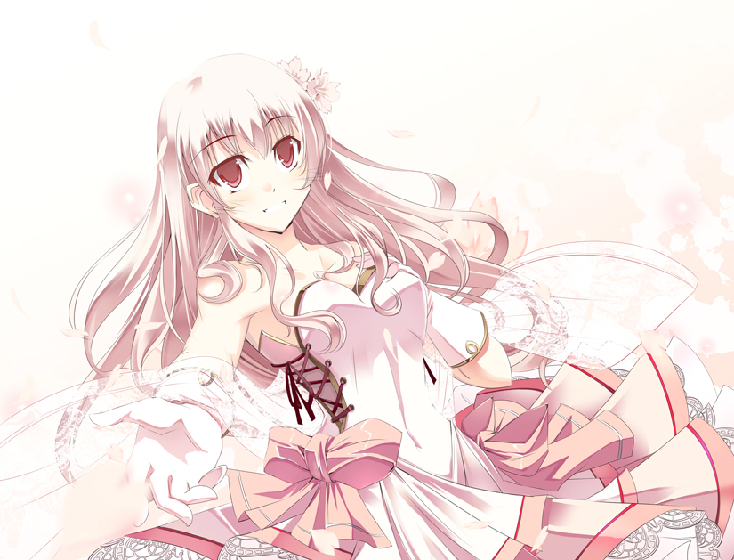 1girl bare_shoulders bow dress flower foreshortening gloves hair_flower hair_ornament hand_on_own_chest hands large_bow long_hair original parted_lips petals pink pink_dress pink_eyes pink_hair reaching satomi smile solo