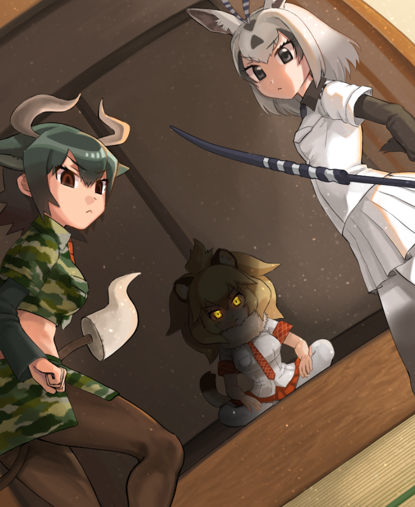 &gt;:&lt; 3girls :&lt; animal_ears arabian_oryx_(kemono_friends) aurochs_(kemono_friends) black_eyes black_hair black_legwear black_shirt blonde_hair breast_pocket breasts brown_eyes camouflage camouflage_shirt camouflage_skirt clenched_hand closed_mouth collar collared_shirt cow_ears cow_tail crop_top dark_skin dot_nose dutch_angle eyebrows eyebrows_visible_through_hair eyelashes from_behind from_side fur_collar glowing glowing_eyes gradient_legwear grey_legwear hair_between_eyes hands_on_legs holding holding_weapon horn_lance horns indian_style indoors kemono_friends kumo955 large_breasts lion_(kemono_friends) lion_ears lion_tail long_sleeves looking_at_viewer looking_back mane medium_breasts medium_hair multicolored multicolored_clothes multicolored_hair multicolored_legwear multiple_girls necktie orange_necktie oryx_ears oryx_tail pantyhose pencil_skirt plaid plaid_necktie pleated_skirt pocket polearm red_necktie red_skirt shirt short_hair short_over_long_sleeves short_sleeves side_slit sitting skirt sleeve_cuffs tail thigh-highs tsurime two-tone_legwear wavy_hair weapon white_hair white_legwear white_shirt white_skirt wing_collar yellow_eyes