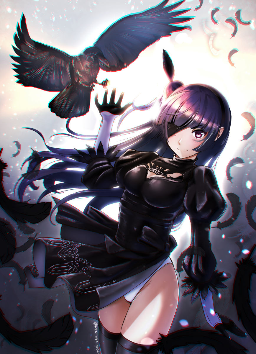 1girl animal arm_at_side artist_name bangs bird black_dress black_gloves black_hairband black_legwear black_ribbon blindfold blunt_bangs blush breasts cleavage cleavage_cutout closed_mouth cosplay cowboy_shot crow dress eyebrows_visible_through_hair feather-trimmed_sleeves feather_trim feathers floating_hair gloves groin hairband hand_up highleg highleg_leotard highres hkn_(ringya) juliet_sleeves legs_together leotard long_hair long_sleeves looking_at_viewer love_live! love_live!_sunshine!! medium_breasts nier_(series) nier_automata one_eye_covered outdoors print_dress puffy_sleeves purple_hair ribbon ribbon-trimmed_dress short_dress side_slit skindentation smile solo standing thigh-highs tsushima_yoshiko turtleneck twitter_username vambraces violet_eyes white_leotard white_ribbon wind yorha_no._2_type_b yorha_no._2_type_b_(cosplay)