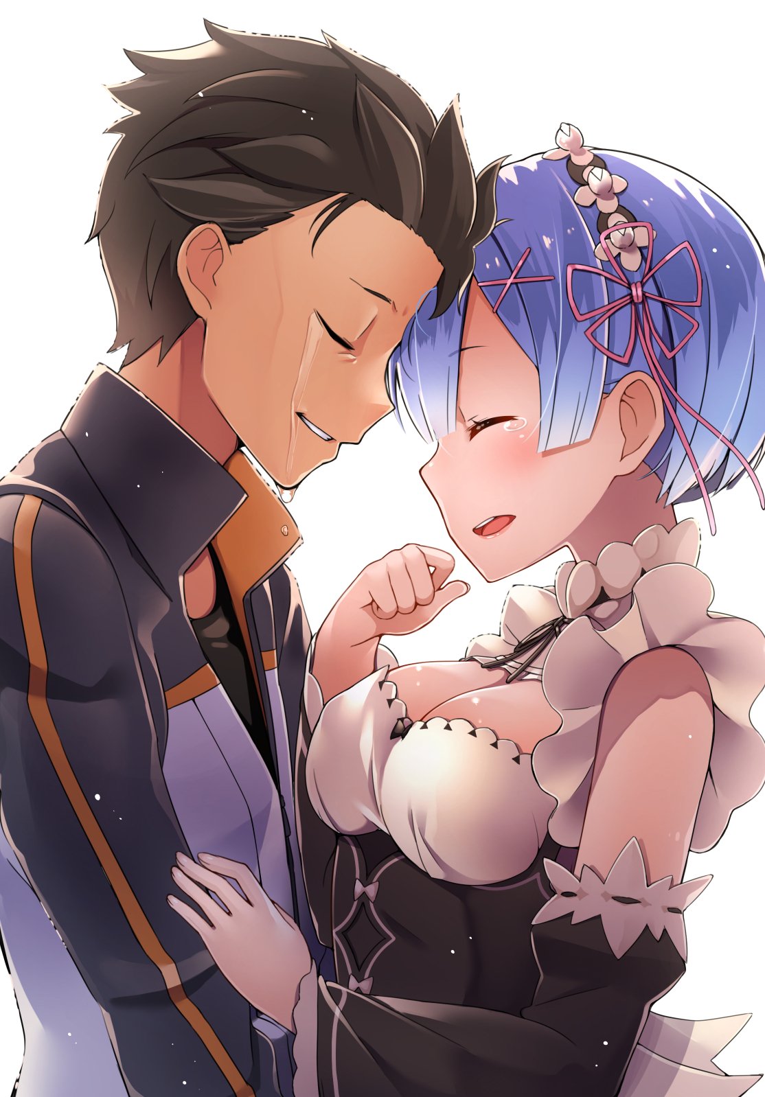 1boy 1girl backlighting bangs black_shirt blue_hair blush breasts byte_(allbyte) cleavage closed_eyes collar detached_collar detached_sleeves eyebrows_visible_through_hair facing_another frilled_collar frilled_sleeves frills from_side hair_ornament hair_ribbon hand_up happy_tears highres jacket maid maid_headdress medium_breasts natsuki_subaru open_mouth parted_lips pink_ribbon re:zero_kara_hajimeru_isekai_seikatsu rem_(re:zero) ribbon shirt short_hair simple_background smile spiky_hair tears teeth track_jacket upper_body white_background wide_sleeves x_hair_ornament