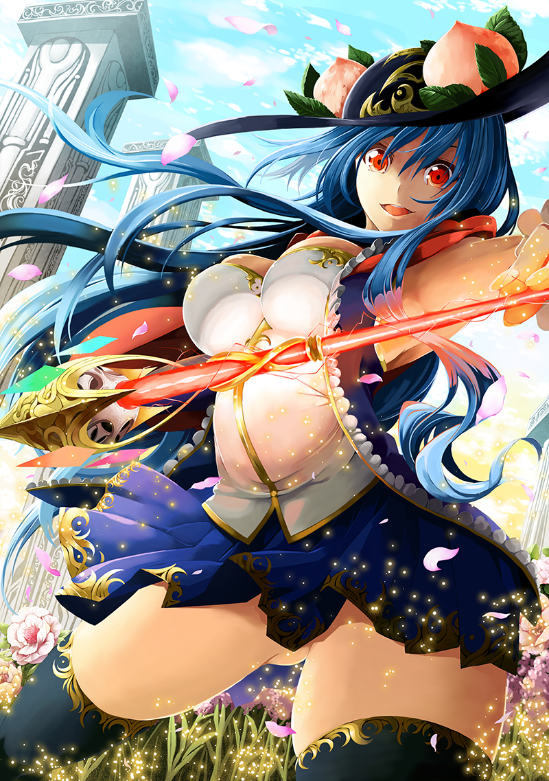 1girl :d adapted_costume armpits black_hat black_legwear blue_hair blue_skirt blue_sky breasts bustier cowboy_shot day field flower flower_field food frills fruit gluteal_fold hat hinanawi_tenshi holding holding_sword holding_weapon ishida_kazuma large_breasts leaf long_hair looking_at_viewer miniskirt open_mouth peach petals pillar red_eyes skirt sky sleeveless smile solo sword sword_of_hisou thigh-highs touhou very_long_hair weapon