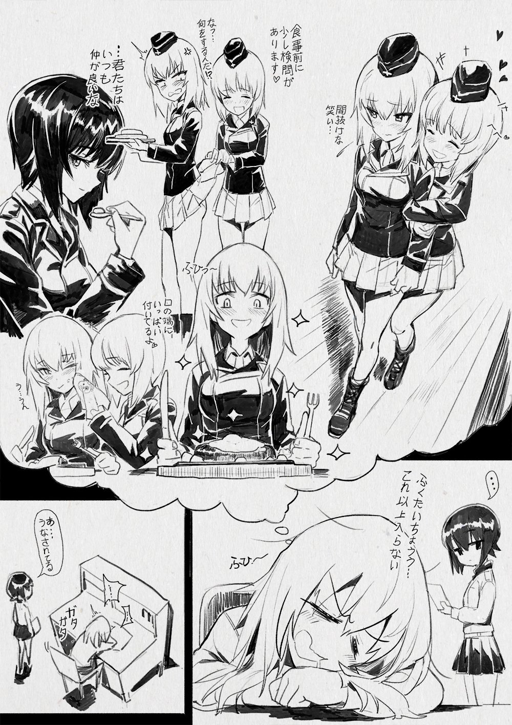 10s 4girls blush chair character_request desk dreaming drooling food fork girls_und_panzer heart highres holding holding_fork holding_knife knife ladic looking_at_viewer medium_hair multiple_girls open_mouth plate short_hair sitting sleeping smile spoken_heart text thought_bubble translation_request twitter_username