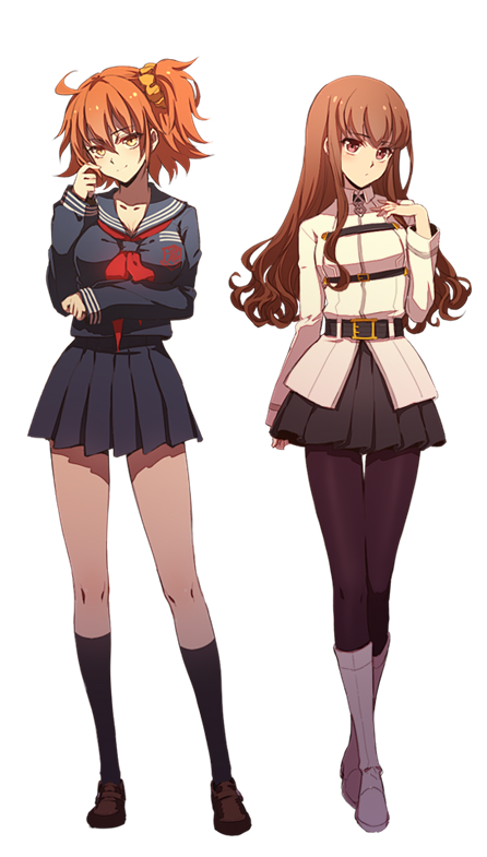 2girls ahoge arm_at_side bangs belt belt_buckle black_serafuku black_skirt blunt_bangs boots breast_hold breasts brown_hair brown_shoes buckle cleavage collarbone contrapposto cosplay curly_hair emblem eyebrows_visible_through_hair fate/extra fate/extra_ccc fate/grand_order fate_(series) fujimaru_ritsuka_(female) fujimaru_ritsuka_(female)_(cosplay) full_body grey_boots hand_on_own_chest head_tilt kishinami_hakuno_(female) kishinami_hakuno_(female)_(cosplay) knee_boots legs_crossed liusang loafers long_hair long_sleeves looking_at_viewer medium_breasts multiple_girls neckerchief one_side_up orange_hair pantyhose pleated_skirt purple_legwear red_eyes red_neckerchief school_uniform scratching_cheek serafuku shoes simple_background skirt standing thigh_gap uniform watson_cross white_background yellow_eyes