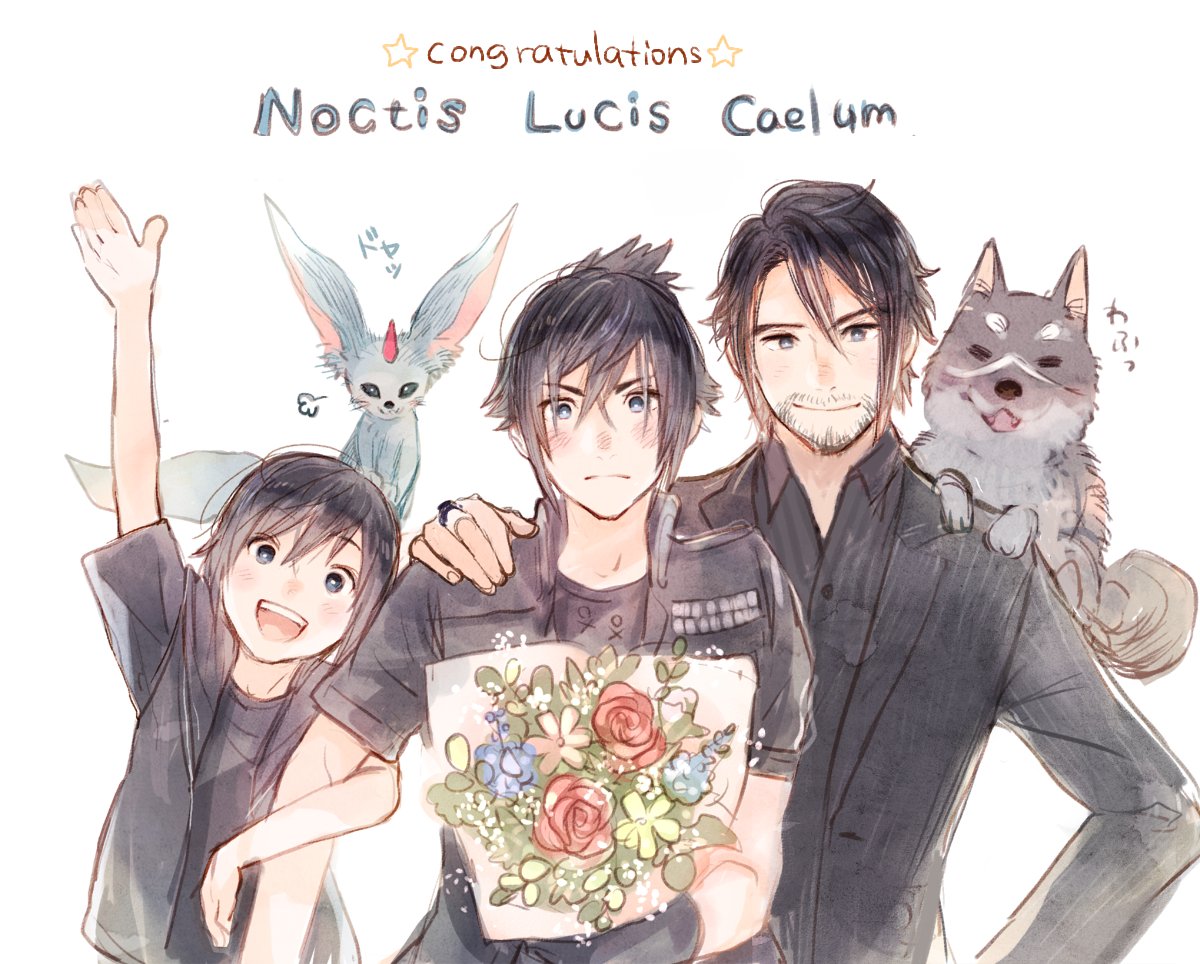 3boys age_progression arm_around_shoulder beard black_hair black_jacket bouquet carbuncle_(final_fantasy) character_name congratulations dog facial_hair final_fantasy final_fantasy_xv flower formal hood hoodie jacket jewelry looking_at_viewer multiple_boys multiple_persona noctis_lucis_caelum older open_mouth pomiko ring smile suit umbra_(ff15) younger