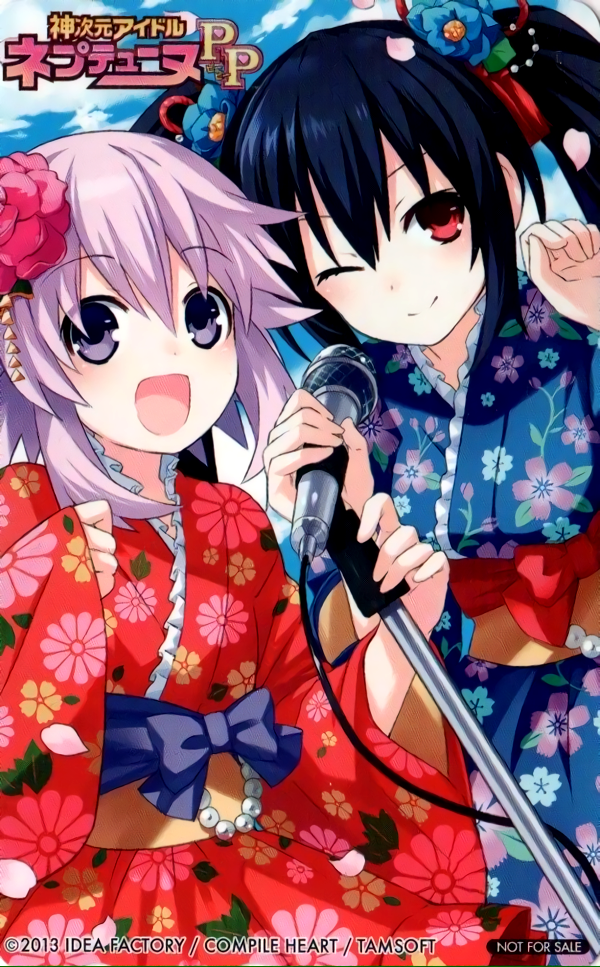 2girls black_hair blush breasts cleavage d-pad flat_chest game_cg hair_ornament idea_factory japanese_clothes kimono long_hair looking_at_viewer multiple_girls neptune_(choujigen_game_neptune) neptune_(series) noire_(choujigen_game_neptune) official_art one_eye_closed open_mouth purple_hair red_eyes short_hair small_breasts smile tsunako twintails violet_eyes