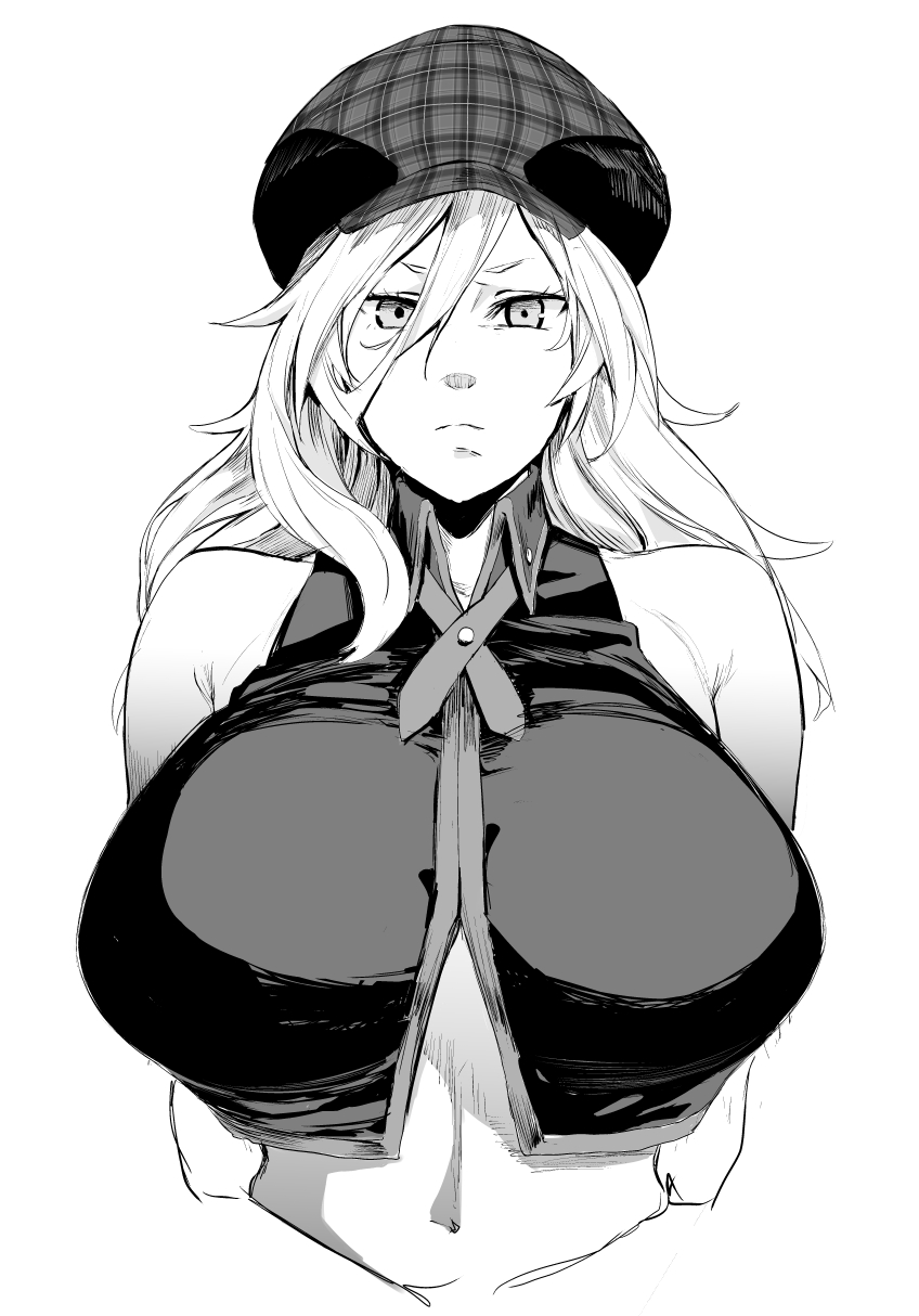 1girl alisa_ilinichina_amiella artist_request breasts god_eater god_eater_burst hair_between_eyes hat highres large_breasts long_hair looking_at_viewer monochrome solo