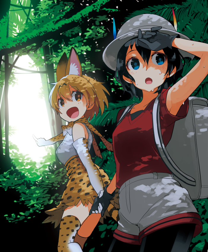 2girls :d :o animal_ears arm_up armpit_peek armpits bag blush breasts elbow_gloves gloves hat hat_feather holding_hands kaban_(kemono_friends) kashi-k kemono_friends multiple_girls open_mouth pointing red_shirt serval_(kemono_friends) serval_ears serval_print serval_tail shirt smile sweat sweating tail wiping_sweat